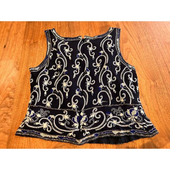 ADRIANNA PAPELL OCCASIONS 16 Blue, Silk, Sleeveless Top, Blue, Beads Embroidery - Picture 2 of 9